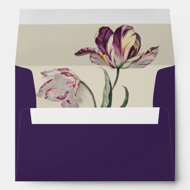Moody Watercolor Purple Tulips Wedding Invitation Envelope (Back (Bottom))