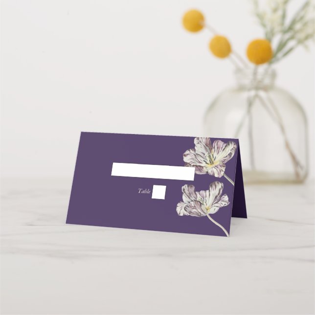 Moody Watercolor Purple Tulips Wedding Name Place Card (Front)