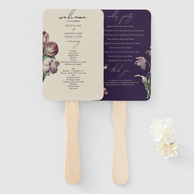Moody Watercolor Purple Tulips Wedding Program Hand Fan (Front and Back)