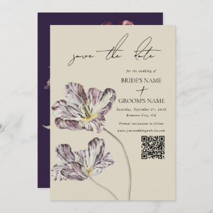 Moody Watercolor Purple Tulips Wedding QR Code Save The Date