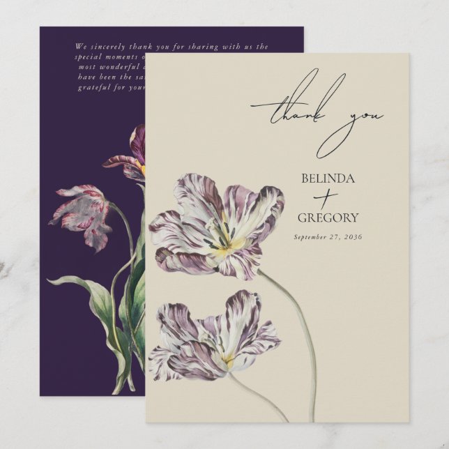 Moody Watercolor Purple Tulips Wedding Thank You Card (Front/Back)