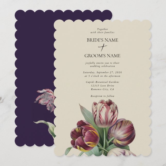 Moody Watercolor Purple Tulips Wedding Traditional Invitation (Front/Back)