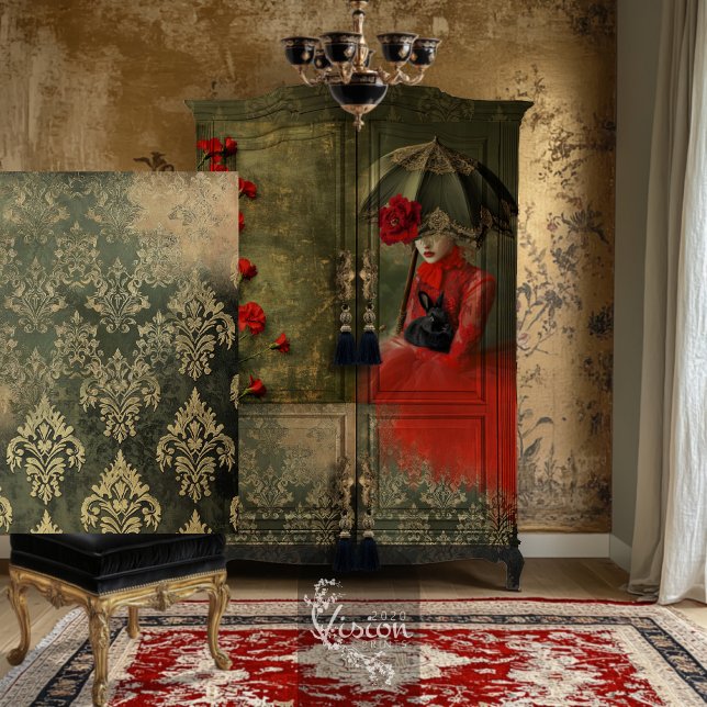 Moody Weathered Olive Forest Green Damask Patterns Tissue Paper (Moody Green, Damask Overlay Weathered Repeat Patterns, Decoupage Tissue Paper)