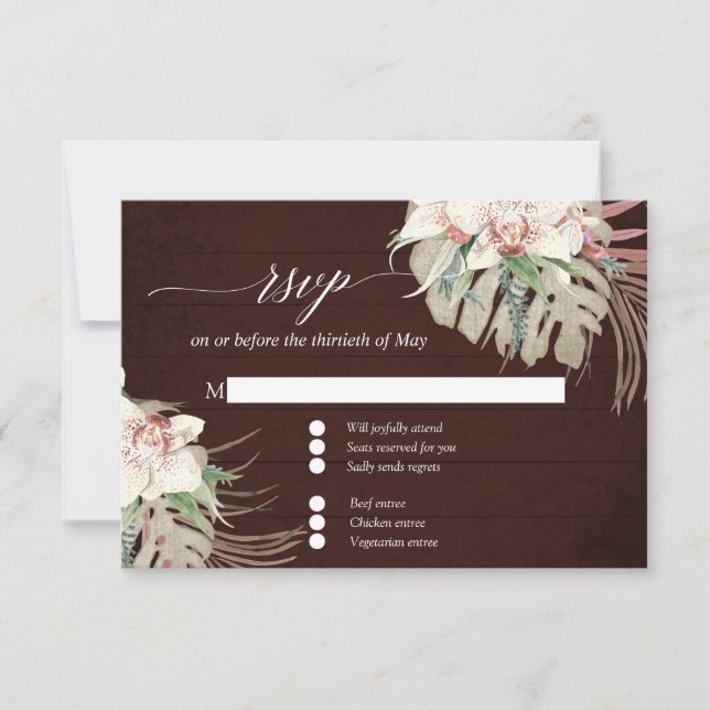 Moody White Orchid Tropical Floral Burgundy RSVP Card (Front)
