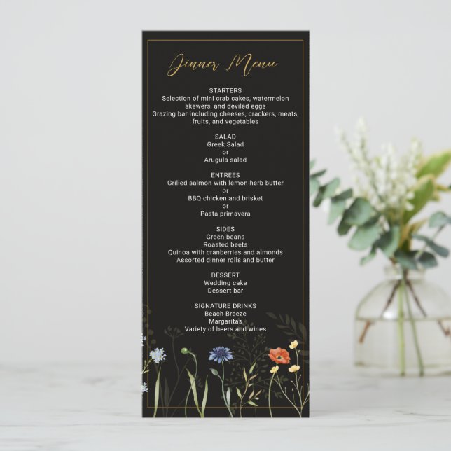 Moody Wildflower Boho Botanical Menu Invitation (Standing Front)