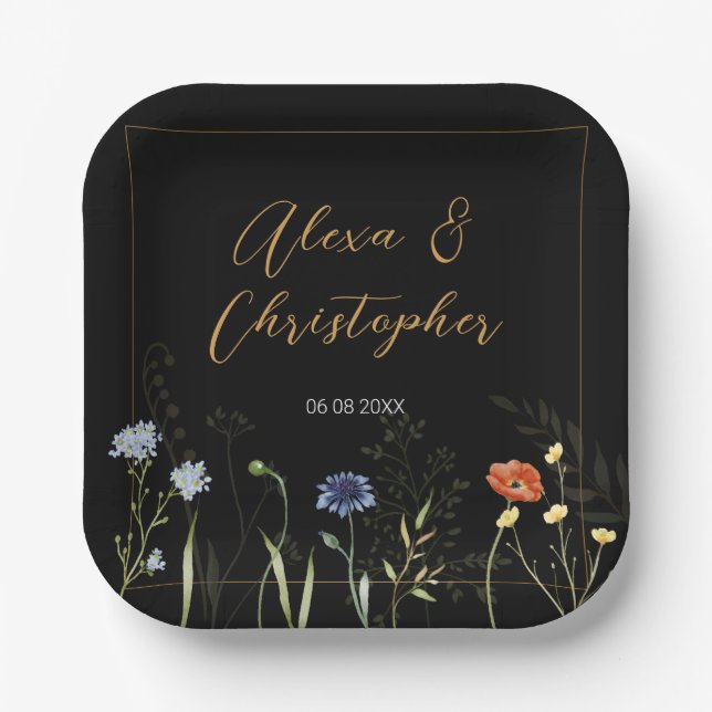 Moody Wildflower Boho Botanical Wedding Paper Plate (Front)