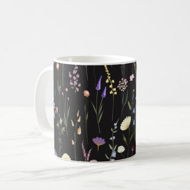 Moody Wildflowers Black Floral Pattern Coffee Mug (Front Left)