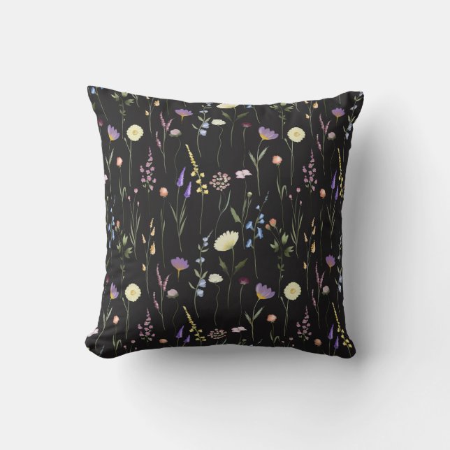 Moody Wildflowers Black Floral Pattern Cushion (Front)