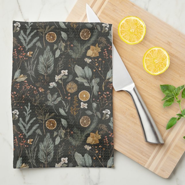 Moody Winter Botanical Christmas Holiday Tea Towel (Creator Uploaded)