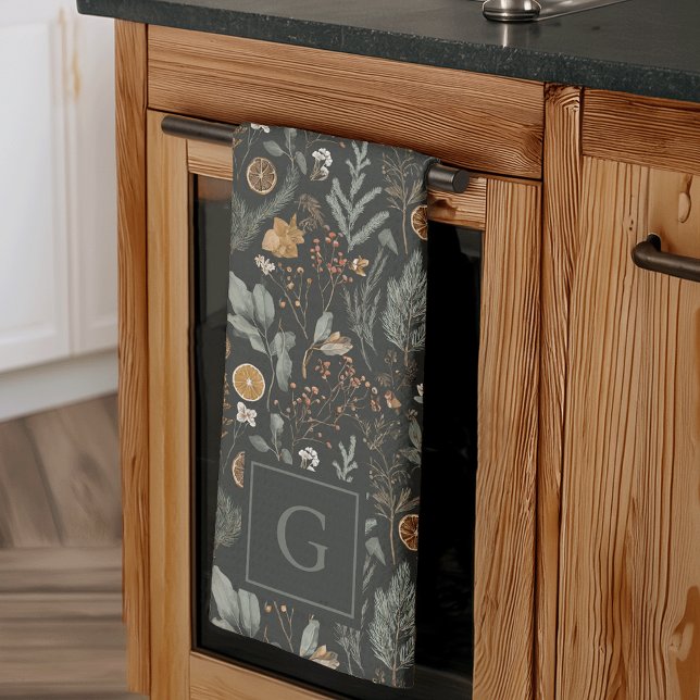 Moody Winter Botanical Monogram Christmas Holiday Tea Towel (Creator Uploaded)