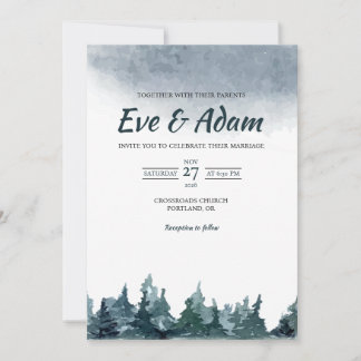 Moody Winter Fog Pine Forest Watercolor Wedding Invitation
