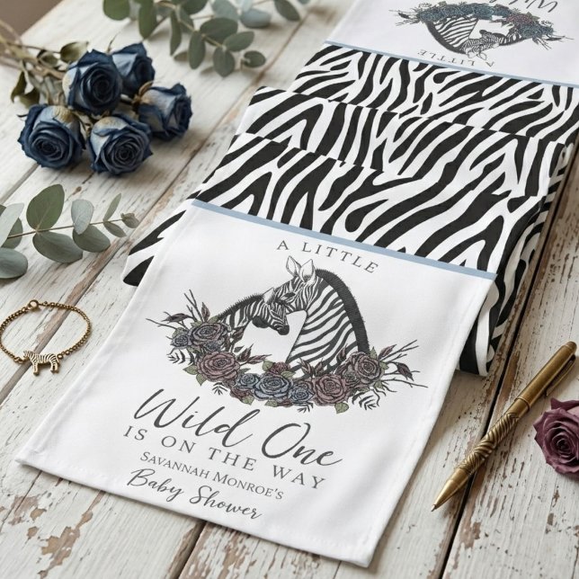 Moody Zebra Safari Little Wild One Long Table Runner (Chic moody zebra safari little wild one table runner steel blue roses for baby shower tablescape)