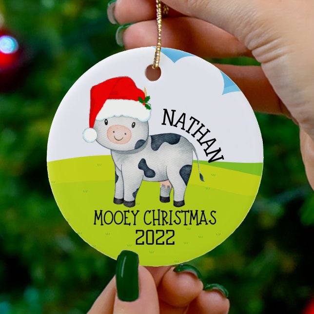 Mooey Christmas Cow Kids Farm Animal Ceramic Ornament (mooey Christmas cow wearing santa claus hat Christmas ornament)