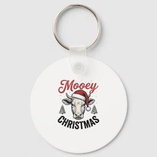 Mooey Christmas Cow Santa Hat Vintage Engraving De Key Ring