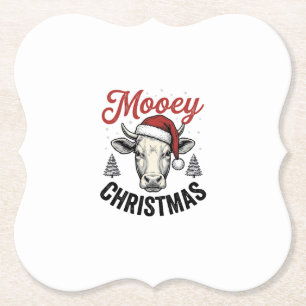 Mooey Christmas Cow Santa Hat Vintage Engraving De Paper Coaster