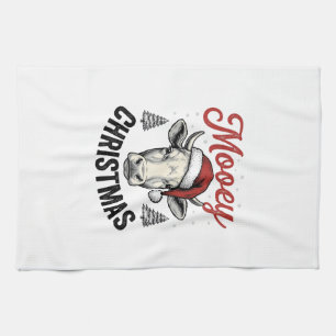 Mooey Christmas Cow Santa Hat Vintage Engraving De Tea Towel