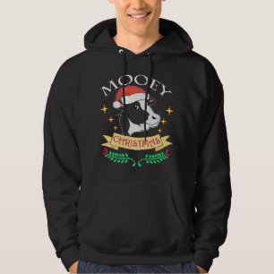 Mooey Christmas Cow Wearing Santa Hat Cute Graphic Hoodie