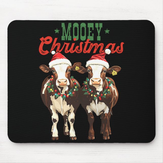 Mooey Christmas Cow With Santa Hats Xmas Lights Me Mouse Pad (Front)