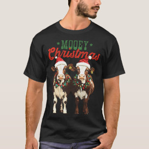 Mooey Christmas Cow With Santa Hats Xmas Lights Me T-Shirt