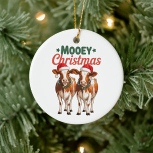 Mooey Christmas Cows Santa Hats Merry Xmas Holiday Ceramic Ornament