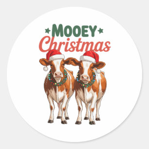 Mooey Christmas Cows Santa Hats Merry Xmas Holiday Classic Round Sticker
