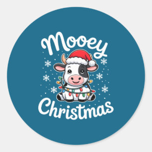 Mooey Christmas Cute Cow With Santa Hat And Holida Classic Round Sticker