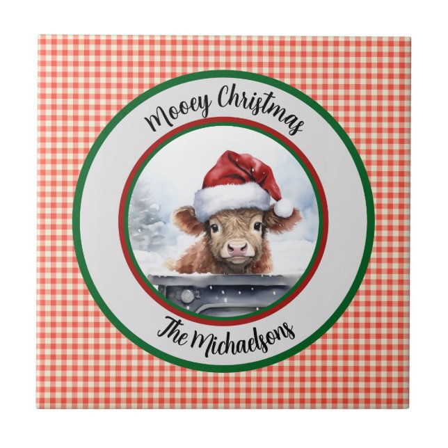 Mooey Christmas Funny Highland Cow Red Gingham  Ceramic Tile (Front)