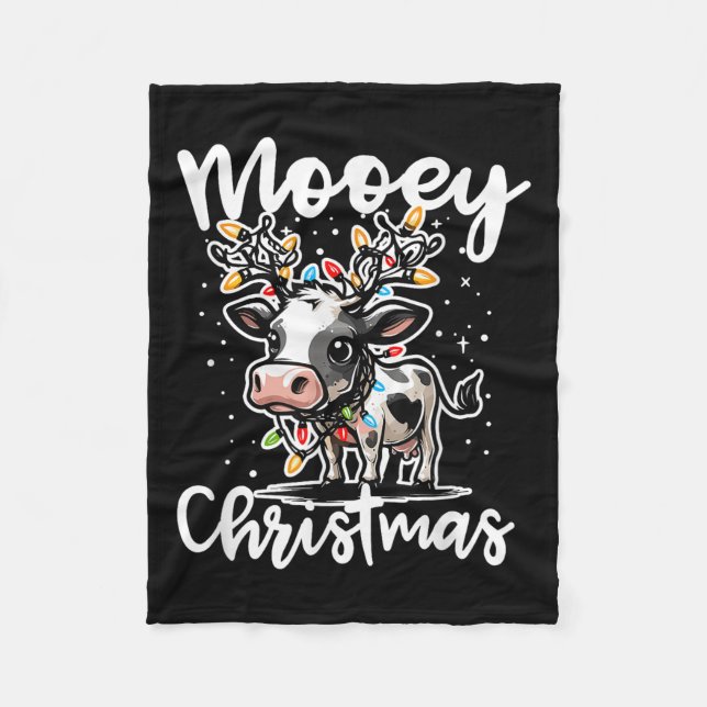 Mooey Christmas Heifer Cow Reindeer Christmas Ligh Fleece Blanket (Front)