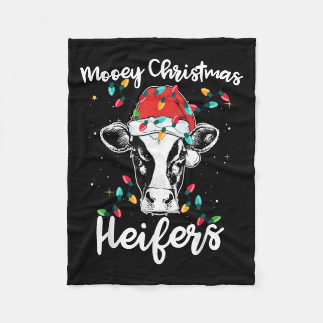 Mooey Christmas Heifers Santa Xmas Lights Cow Love Fleece Blanket (Front)
