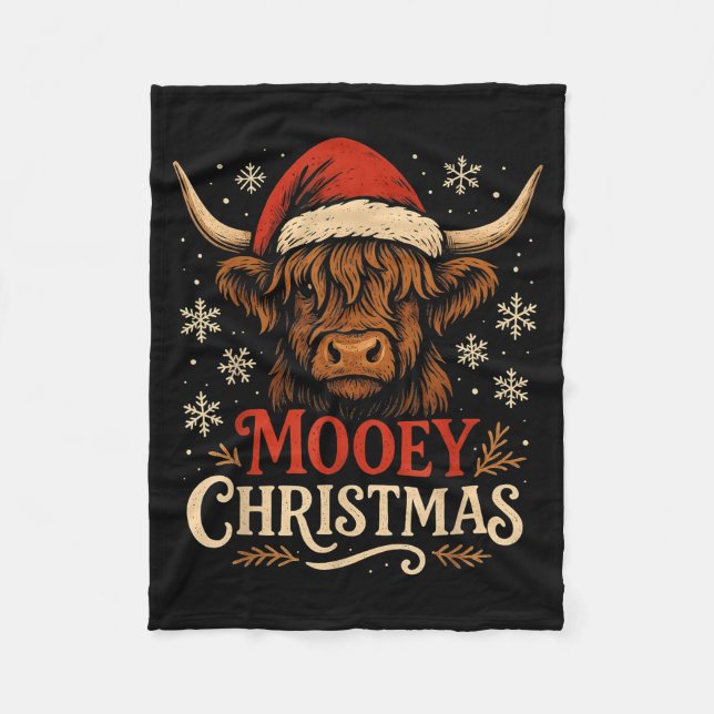 Mooey Christmas Highland Cow Funny Santa Hat Desig Fleece Blanket (Front)