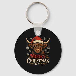 Mooey Christmas Highland Cow Funny Santa Hat Desig Key Ring