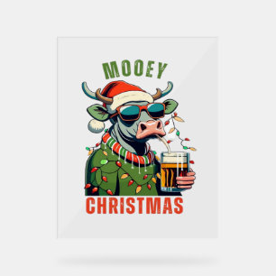 Mooey Christmas Highland Cow Light Santa Hat T-Shi Acrylic Sign