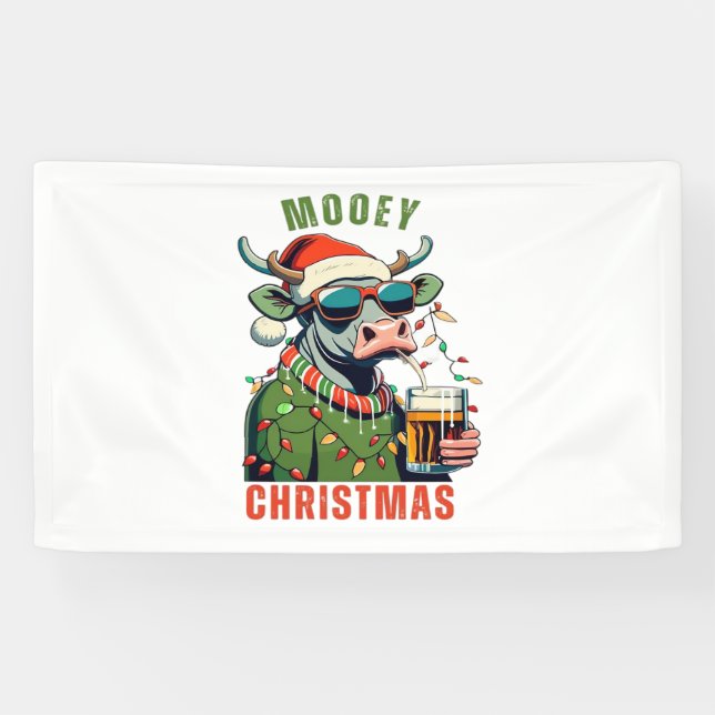 Mooey Christmas Highland Cow Light Santa Hat T-Shi Banner (Horizontal)