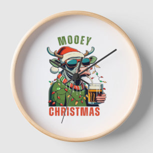 Mooey Christmas Highland Cow Light Santa Hat T-Shi Clock