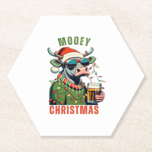 Mooey Christmas Highland Cow Light Santa Hat T-Shi Paper Coaster