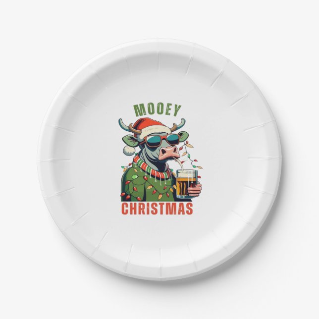Mooey Christmas Highland Cow Light Santa Hat T-Shi Paper Plate (Front)