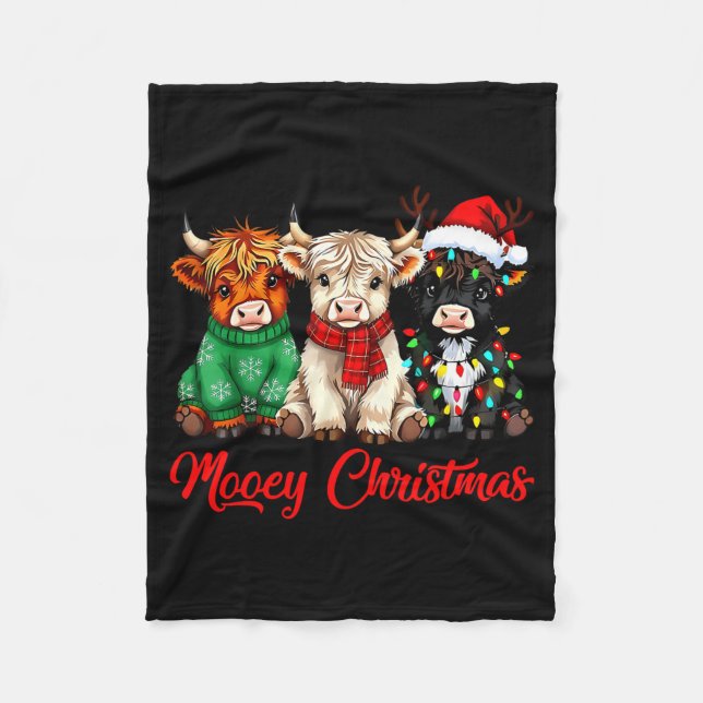 Mooey Christmas Lights Santa Hat Xmas Highland Cow Fleece Blanket (Front)