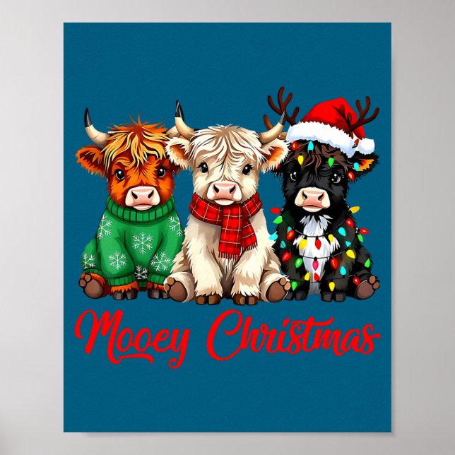 Mooey Christmas Lights Santa Hat Xmas Highland Cow Poster (Front)