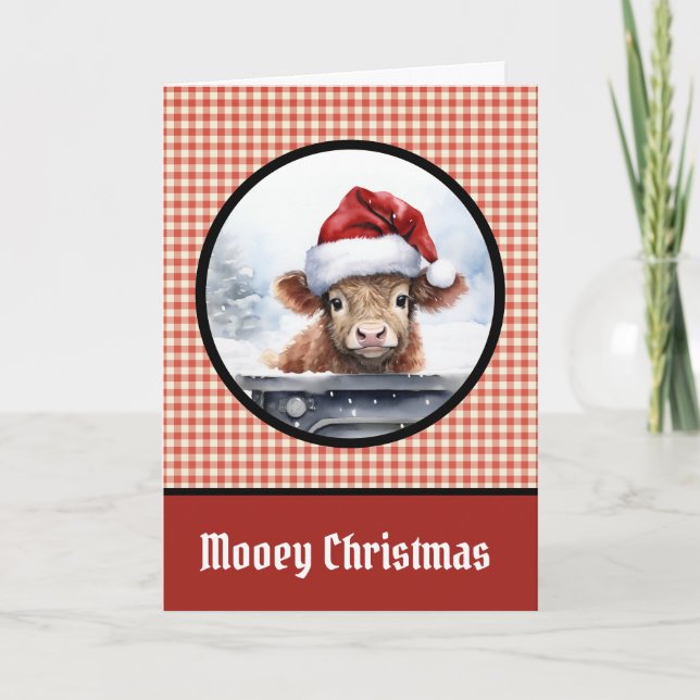 Mooey Christmas Moola Highland Cow Red Funny Holiday Card (Front)