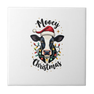 Mooey Christmas Santa Christmas Lights Cow Lovers Ceramic Tile