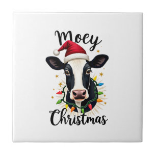 Mooey Christmas Santa Christmas Lights Cow Lovers Ceramic Tile
