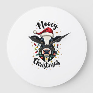 Mooey Christmas Santa Christmas Lights Cow Lovers Large Clock