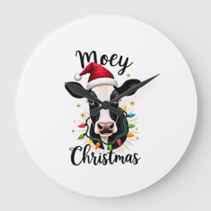 Mooey Christmas Santa Christmas Lights Cow Lovers Large Clock