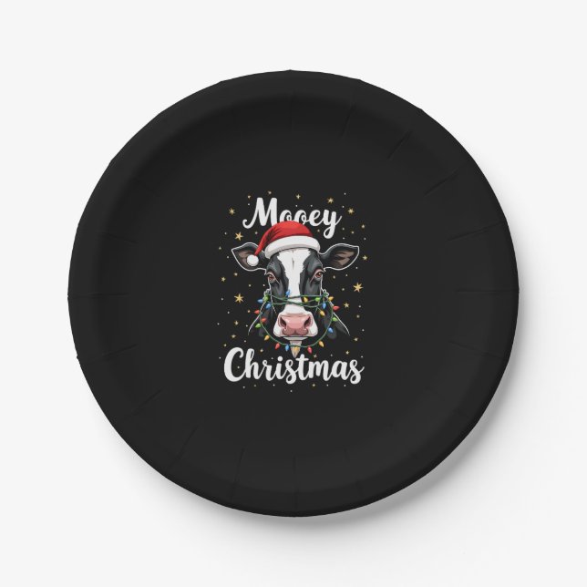 Mooey Christmas Santa Christmas Lights Cow Lovers  Paper Plate (Front)