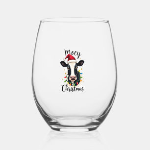 Mooey Christmas Santa Christmas Lights Cow Lovers Stemless Wine Glass