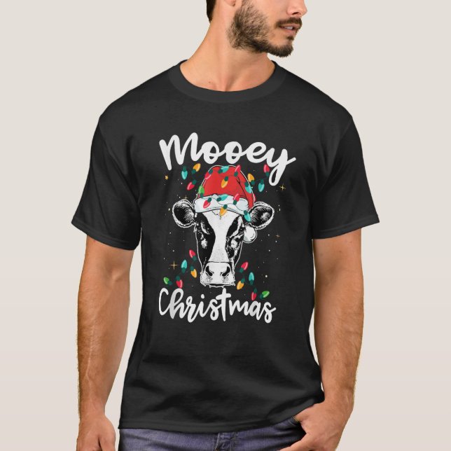 Mooey Christmas Santa Christmas Lights Cow Lovers  T-Shirt (Front)