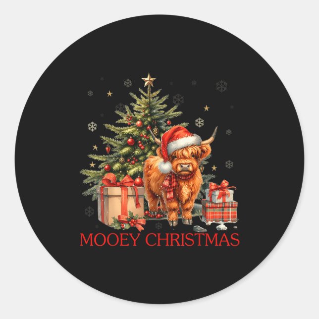 Mooey Christmas Santa Highland Cow Santa Xmas Tree Classic Round Sticker (Front)