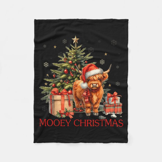 Mooey Christmas Santa Highland Cow Santa Xmas Tree Fleece Blanket (Front)