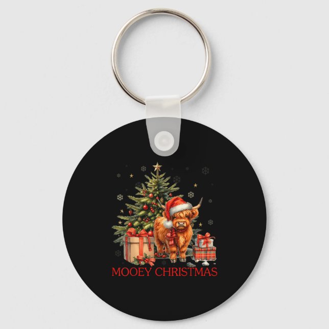 Mooey Christmas Santa Highland Cow Santa Xmas Tree Key Ring (Front)