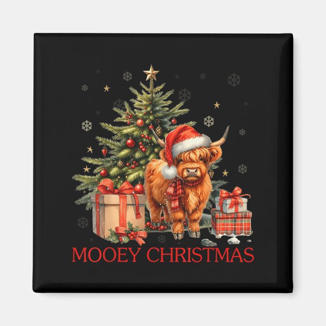 Mooey Christmas Santa Highland Cow Santa Xmas Tree Magnet (Front)